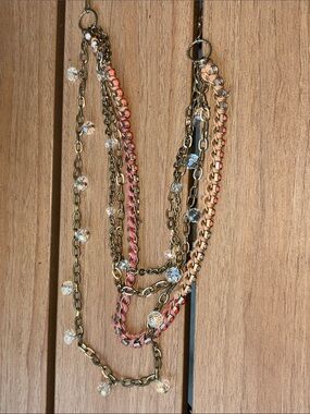 LOFT Gold and Pink Multi-Strand Chain Necklace with Crystal Accents